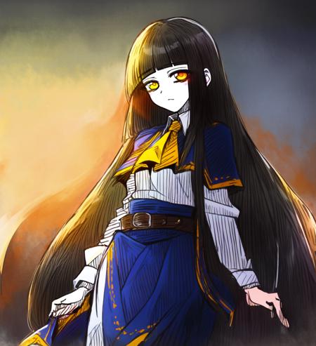 (artwork), (masterpiece), (amazing work), (masterpiece), (extremely detailed CG 8k unit wallpaper), <lora:GoodHands-vanilla:0.6>, very long hair, (black hair:1.1), (hime cut, blunt bangs:1.4), straight hair, yellow eyes, small, fantasy, small breasts <lyco:suenari-15:0.7>, linear hatching, (blue skirt, white shirt, capelet, ascot, skirt, belt:1.0), (blue capelet:1.2), (yellow ascot:0.9)