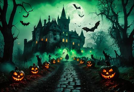 an SLR photograph, a very detailed image, horror-movie still shot, bats flying in the sky, a spooky medieval Castle, Dracula's castle, a werewolf style standing on the pathway, green glowing eyes, Misty, fog, Cobwebs, Skulls, rats, Halloween pumpkins, ghostly spirits, Witch's Cauldron Glow, Fantasy Horror, shengdanjie