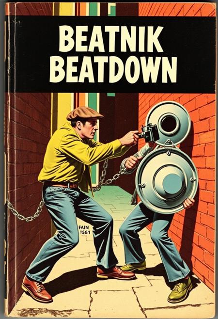 Paperback book, "Beatnik Beatdown" a1950's softcover book featuring two beatniks fighting in an alleyway, one with a chain, the other using a trash-can lid as a shield,