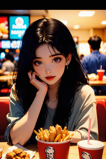 food,french fries,solo focus,restaurant,eating,cup,sitting,black hair,long hair,blurry,indoors,burger,depth of field,disposable cup,1girl,holding,multiple boys,chair,table,drinking straw,black eyes,multiple girls,faceless,blurry background,drink,pov across table,tray,kfc,realistic,
((((masterpiece)))),((((highly detailed)))),[[[realistic art]]],<lora:kfc:0.5:lbw=OUTALL>,<lora:FilmVelvia3:0.3>,