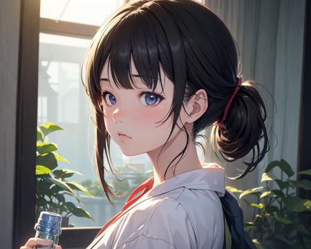 (best quality, masterpiece), 1girl, upper body,  anime key visual, over the shoulder shot of a Neat Heisei Era Water bottle, volumetric lighting, trending on artstation, art by Hayao Miyazaki