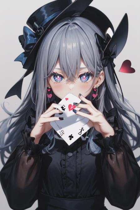 1girl,solo,card,holding,blue eyes,hat,playing card,long hair,looking at viewer,black headwear,holding card,blue nails,long sleeves,diamond (shape),bangs,bow,heart,blush,upper body,hair between eyes,blue bow,earrings,jewelry,spade (shape),hat bow,blue hair,nail polish,symbol-shaped pupils,covering mouth,frills,covered mouth,symbol in eye,grey hair,dress,black dress,heart in eye,hands up,heart-shaped pupils,black shirt,top hat,ribbon,white background,blurry,