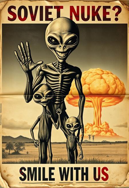 “A decayed, vintage-style poster from 1957, weathered and torn, depicting a surreal and apocalyptic scene. The faded image shows a pair of aliens—one an imposing, tall figure (the father), and the other a smaller, childlike alien (the son). The father holds the son’s hand with one hand, while making an exaggerated ‘OK’ sign with his other hand, both with unsettling, alien features. The father’s wide, mad smile radiates an eerie, otherworldly charm. In the far background, a massive nuclear mushroom cloud dominates the sky, with fiery orange fireballs at its base and visible blast waves rippling through the landscape. The poster’s bold text, ‘SOVIET NUKE?’ across the upper section and ‘SMILE WITH US’ in the lower section, is faded, smeared, and inked with scribbles and stains. The paper appears rotten, with tears, creases, and discolored edges, adding to the haunting, apocalyptic atmosphere of the piece.”