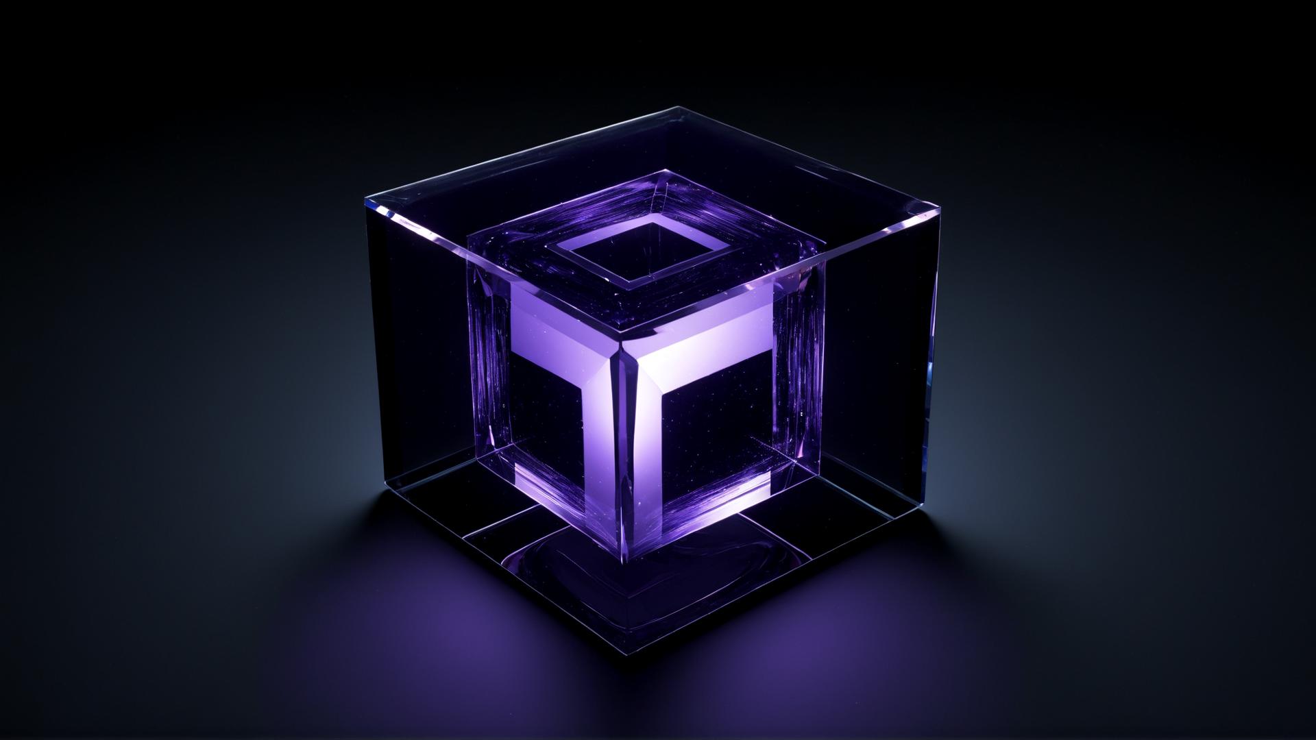 A floating cube made of translucent glass, slowly rotating in space. The cube reflects and refracts soft blue and purple light, casting subtle reflections onto a dark, glossy surface. The background is a deep black void., Photorealistic, Hyperrealistic, Hyperdetailed, analog style, soft lighting, subsurface scattering, realistic, heavy shadow, masterpiece, best quality, ultra realistic, 8k, golden ratio, Intricate, High Detail, film photography, soft focus