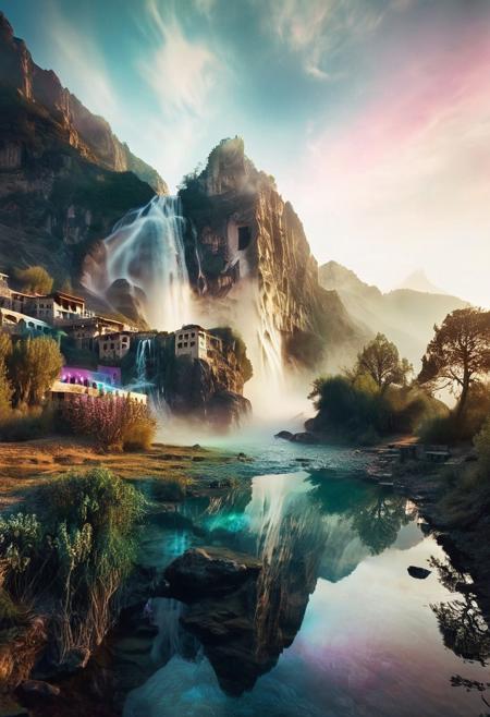 (by Ellen Jewett:1.5), (Bioluminescent Impressionism, Egyptian landscape, The Dreamland,, their peaks veiled in mist. mixed media, surrealism, great lighting, A surreal landscape highly detailed . extremely high-resolution details,  appears trapped in an optical illusion of reflections and refractions colorful , mountains and village in Turkey, professional photography, natural lighting, volumetric lighting maximalist. intricately detailed, complex, elegant, expansive, fantastical, waterfall, ethereal landscapes, depth of field, biotech emotion:1.3) <lora:xl_more_art-full_v1:0.5> <lora:add-detail-xl:1> <lora:RMSDXL_Creative:2>. GhostlyStyle