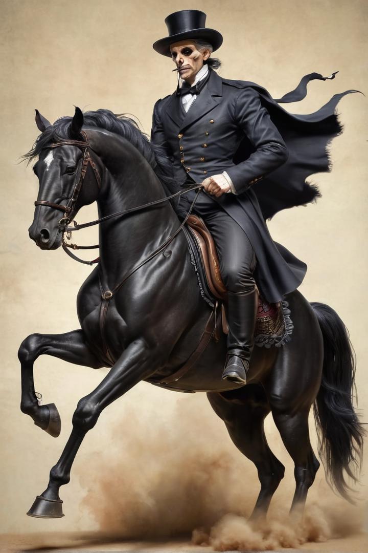 Death, the anthropomorphic personification of death, riding his black horse. absurd caricature, sexy,