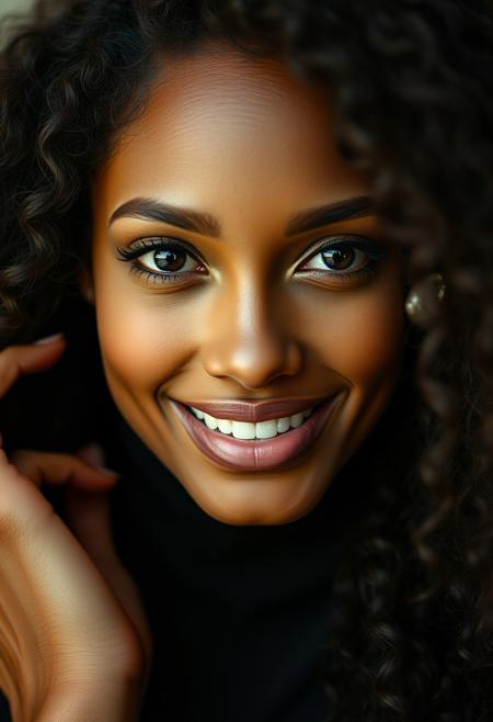 macro close-up shot of a cute black african women smiling (combing her hair with her hands:1.2) looking at viewerseductively, luxurious looking turtleneck, extremely long curly hair, seductiveconfident, skin pores, imperfections, natural, beautiful eyes, dark skin, black skin, (big hair), perfect teeth, (freckles:1.2), velus hairs, 100mm f/2.8 macro lens,, film grain, candid camera, color graded cinematic, 1960s vintage RAW photo, eye catchlights, catchlights in eyes, dramatic lighting, atmospheric lighting, rembrandt lighting,