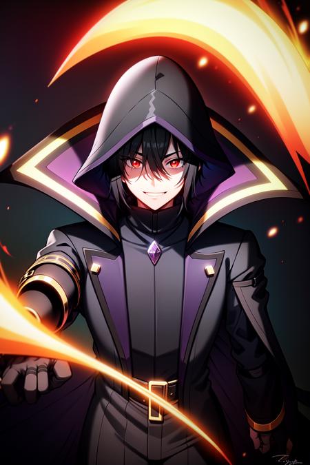 1boy, black_coat, black_hair, cape, coat, electricity, gloves, glowing, glowing_eyes, looking_at_viewer, magic, male_focus, red_eyes, signature, smile, solo