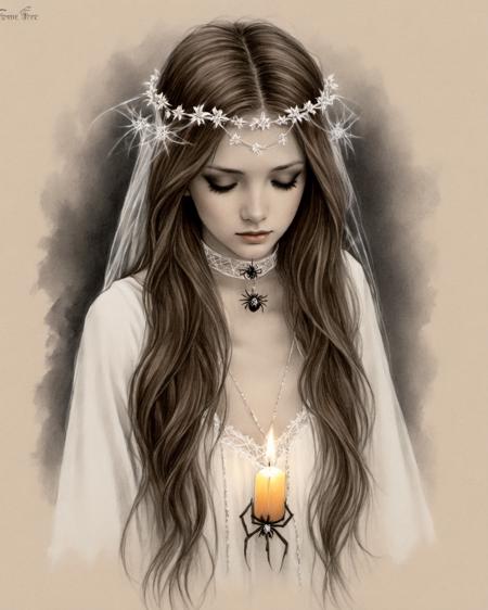 (traditional painting), (drawing), (traditional illustration), (pencil style), (hand drawn with charcoal), (traditional media),
monochrome, sketch
silk, spider web, 1girl, candle, solo, long hair, dress, brown hair, very long hair, white dress, choker, flower, long sleeves, head wreath, dark, jewelry, traditional media, holding, hair ornament, fire, realistic, standing, pale skin, closed eyes, circlet
 <lora:Victoria_Frances_v2_XL:1>