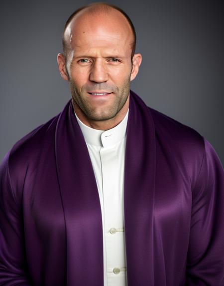 Jason Statham actor wearing pope robe , (smile),  1 man, pepic (photo, studio lighting, hard light, sony a7, 50 mm, matte skin, pores, colors, hyperdetailed, hyperrealistic)  <lora:stathem:0.85>