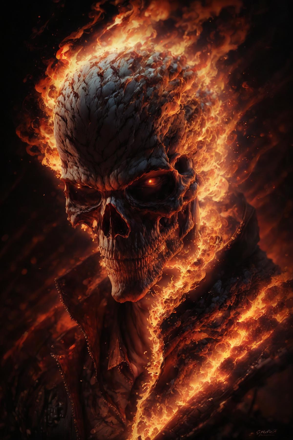 A detailed and artistic portrait of a fiery skull.