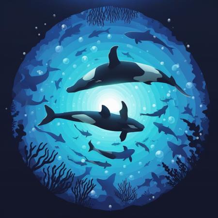 <lora:xl_Circular style-000018:1>,Circular style,pokemon (creature),underwater,whale,no humans,bubble,air bubble,swimming,fish,light rays,shark,blue theme,sunlight,