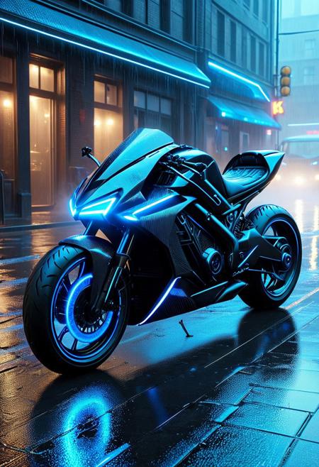 A futuristic cyberpunk motorcycle made entirely of carbon fiber, parked in a rainy neon-lit city alley, ultra-detailed woven carbon fiber texture, sleek reflective black surface, glowing blue LED accents, volumetric lighting, cinematic atmosphere, puddles reflecting the lights, mist and rain in the air, hyperrealistic, 8k resolution, science fiction vibe, high-tech aesthetic, cf_style