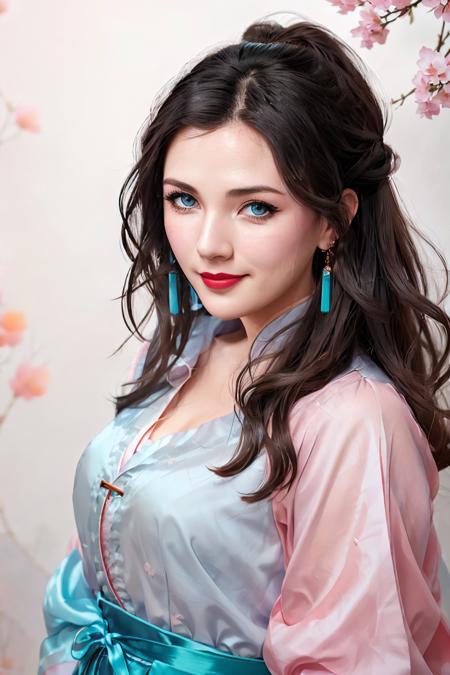 Aisling Bea, extremely detailed CG unity 8k wallpaper, smile, (masterpiece),(best quality),(ultra detailed),(ultra realistic),(Best character details:1.2),dynamic angle,professional lighting, photon mapping, radiosity, physically-based rendering,blush,golden proportions,(shiny skin),makeup, (wavy gray hair and a sophisticated sense of style),(parted lips:1.1),red lipstick,blue eyes,wide shoulders, (hanfu, song style outfits, 1girl, pink long shan, red cyan gradient pleated skirt, orange songmo),(upper body: 1.2), looking at viewer, Sakura background <lora:Aisling-Bea-v10:0.7>