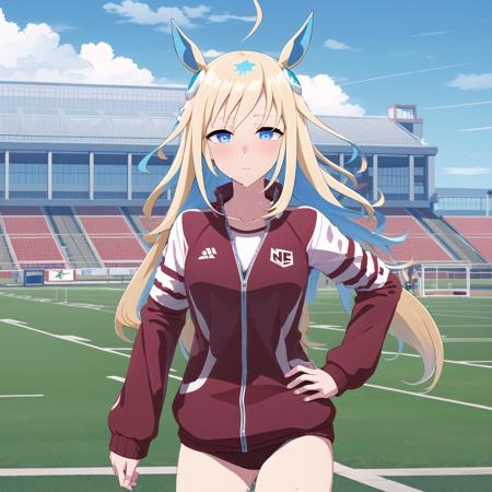 high quality, best quality, masterpiece, absurdres, neo universe, tracen_track_uniform, 1girl,  <lora:universe-000010:0.85>, solo, track, field, sweat, tired