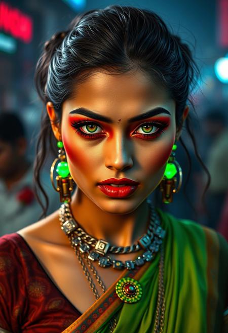 cyberpunk girl in New Delhi, clothing a combination of traditional Indian clothing and new cyber punk items, dramatic heavy luminescent red eyeshadow:1.5, big highly detailed green 
eyes, full pouty lips, lips parted seductively, cybernetic arms, 
highly detailed luminescent green cybernetic eyes
