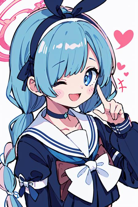 masterpiece, intricate detail,best quality <lora:korukoruno:0.8>1girl, arona (blue archive), blue hair, white sailor collar, one eye closed, blue shirt, shirt, v, long sleeves, smile, solo, puffy long sleeves, sailor collar, white bow, bow, braid, bangs, multicolored hair, blue eyes, upper body, sparkle, halo, hairband, ribbon, school uniform, white hairband, hair over one eye, blush stickers, single braid, puffy sleeves, open mouth, white choker, white ribbon, ;d, hair ribbon, choker, blue serafuku, serafuku, two-tone background, looking at viewer, two-tone hair, heart, blush, pink background, white background, pink hair, stuffed toy