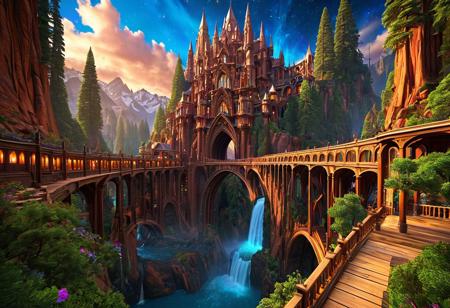 (masterpiece:1.5), unreal 8k wallpaper, unity 8k wallpaper, score 9, score 8 up, score 7 up, masterpiece_portrait, extreme quality, reflection, surface reflection, dynamic lighting, Cinematic style, cinematic quality, ((no humans, no people)), photorealistic, realistic, a spectrum of iridescent colors, precise, fractal design, flowing curves, precision, colorful, fractal geometry, harmonic interference, digital illustration, photo manipulation, altered realities, fantastical scenes, digital artistry, striking visuals, sharp focus, detailed background, light reflection, fairy tale fantasy of boundless opportunities, (an enormous fairy tale fantasy city is built into the mountain), with redwood trees and multicolored flowers, streets and houses, the architecture has no bounds, there are many of these fairy tale fantasy cities built into mountain blending with the boundless beauty of nature, fluid architecture, (giant Sequoia trees), starry sky, a brilliant beauty, photorealistic, realistic, (Warcraft inspired architecture), clouds, flowing water, luminescent stream, waterfall, luminescent waterfall, night sky, alien sky, (detailed intricate Bridges and pathways)