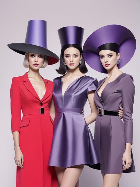 <lora:Avant-gardeFashion:1>three women with very unusual hats on their head and one is wearing a purple dress Avant-garde Fashion