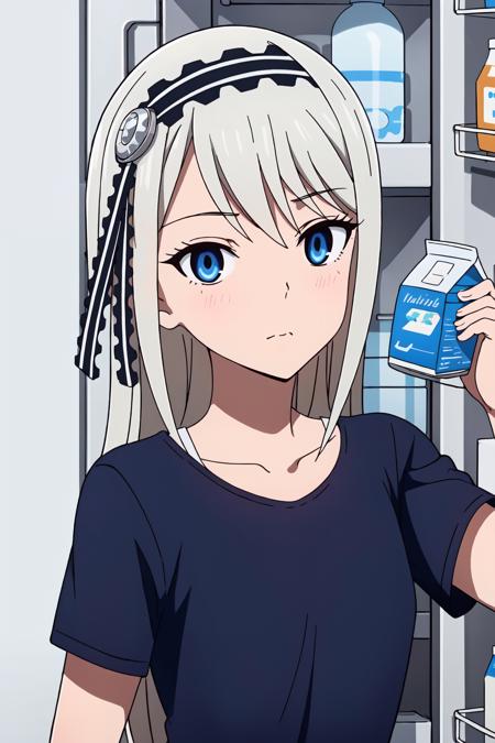 ((best quality)),((highly detailed)),masterpiece,absurdres,detailed face,beautiful face,(detailed eyes, deep eyes),(1girl),((dynamic pose)),<lora:Kei_V1.4:0.7>Kei, 1girl, blue eyes, solo, refrigerator, long hair, shirt, hairband, holding, grey hair, looking at viewer, collarbone, black shirt, short sleeves, upper body, bangs, indoors, milk carton, blue shirt