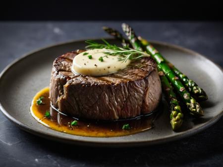 cinematic photography, RAW photo, closeup shot, very closeup on subject, side view, ground shot, perfect round medallion of fillet mignon steak, (uncut:2), well marbled, cooked rare, perfectly browned all around, ((dark caramelization on the top surface of the steak)), nice char, (pat of garlic herb butter (on top) of the steak), (au jus:1.5), with ((fluffy mashed potatoes)) and ((grilled asparagus)) on gray stone plate, ((((steam rising from the food)))), ,bokeh, shallow depth of field, food photo, 8k, ultra sharp focus, intricate details, hyperrealism, DSLR, volumetric lighting, rim lighting, high quality, film grain, Fujifilm XT, SK_CINEMATIC, <lora:zavy-rmlght-sdxl:1> zavy-rmlght