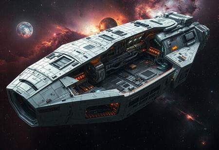 hyperrealistic, spaceship, A huge starship with a cut-away view showing cockpit, pistons and led's and circuit boards and motors, galactic nebula background. sliced in half