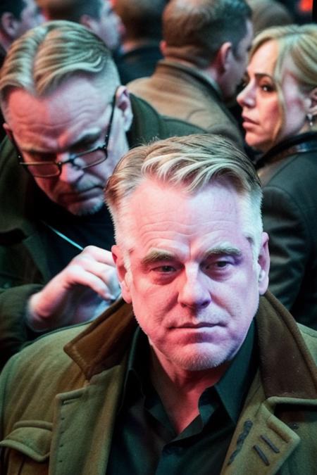 a man  <lora:philipSeymourHoffman:1> down on his luck, RAW, 8K, UHD, at the avn convention, crowded convention center, people in the background