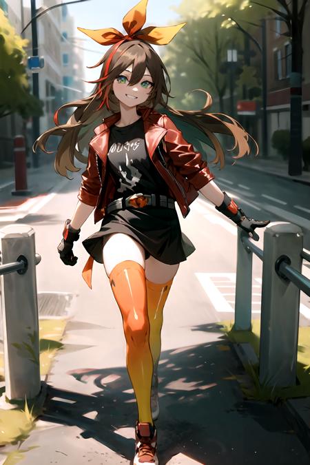 etna crimson  brown hair, shirt, thighhighs, gloves,  bow, hair between eyes, green eyes, jacket,  hair bow, hairband, open clothes, shoes, black gloves, belt, grin, black shirt, black skirt, skirt, open jacket, zettai ryouiki, streaked hair, red footwear, red jacket, red thighhighs