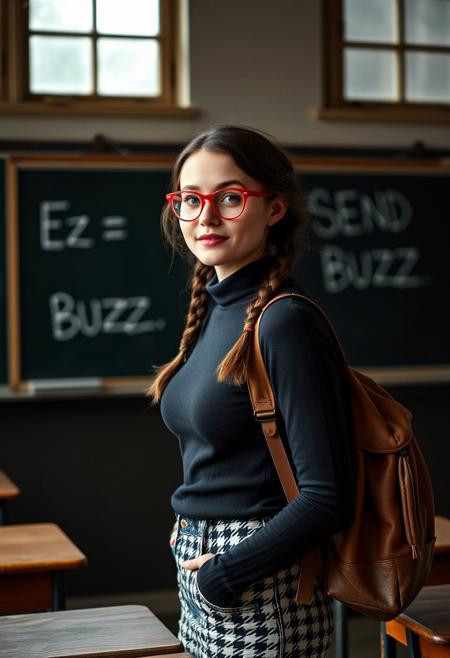 (Old college classroom). 18 year old woman, nerdy girl, petite woman, skinny:0.7, cute slender oval face, no makeup,  blue eyes, full pouty lips, mouth slightly open, naturally red lips, red framed round glasses, dark brown hair in twin braids, tiny little breasts:0.5, (no bra, covered nipples), petite body, skinny, wide hips, perfect toned ass, 
Black and white houndstooth pencil skirt, tight black long sleeved turtleneck tucked into jeans:0.8, brown leather backpack slung over one shoulder
In an old classroom, standing next to chalkboard, wall of windows, room only being lit by the light coming in the windows, dark background, old wooden desks,  (((text on chalkboard says”E = SEND BUZZ”, beautiful window side lighting,