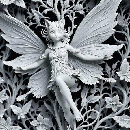 whitemold,3d printed mold,art style,greyscale,monochrome, masterpiece,(best quality), official art,extremely detailed cg 8k wallpaper, ((crystalstexture skin)),(extremely delicate and beautiful),highly detailed, WhiteMold, art style, 3d printed mold, score_9, score_8_up, score_8, Masterpiece, High Details, HD, 8K, Photorealistic, perfect, High Quality, A flying fairy made of 3d printed mold with the face of a cat. Within a magic World