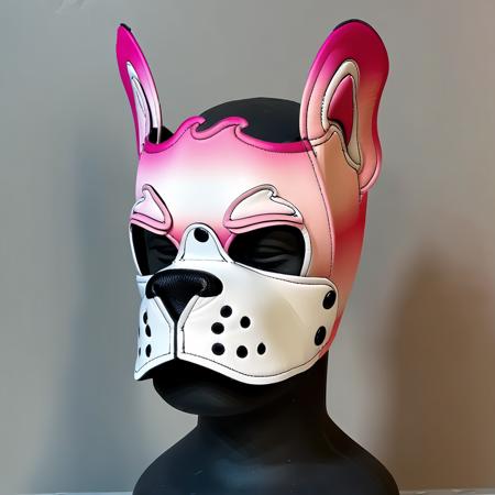 french bulldog, dog mask, angry tough look, simple gradient, pink color, white bridge