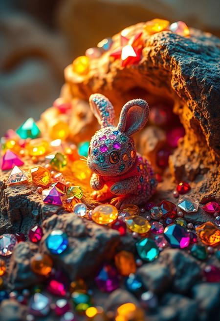 A hyper-stylistic, extremely detailed image depicts a rock loaded with precious jewels, each one shining with a brilliant, inner light. The jewels are scattered across the rock's surface, casting a kaleidoscope of colors across the surrounding area. Amidst the treasure, a cute animal made from rock itself is cleverly camouflaged, blending seamlessly into the surrounding geology. The animal, a tiny, rabbit-like creature, is also covered in jewels, its body sparkling with a mesmerizing array of colors. Every detail of the scene is meticulously rendered, from the intricate, faceted surfaces of the jewels to the delicate, textured patterns on the animal's rocky fur. The overall effect is one of breathtaking, whimsical wonder, as if the very earth itself has given rise to a tiny, shining treasure. highest-Quality, intricate details, visually stunning, Masterpiece