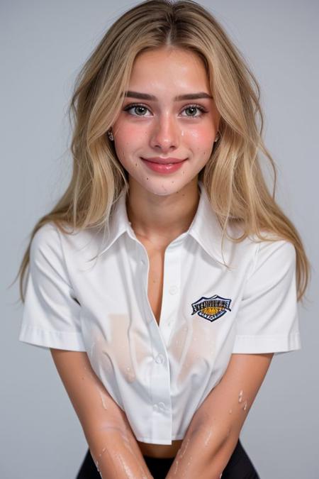 (face like emmatopdown),  body like goose_fit_girl,
blonde hair, athletic body,  eyecandy, desirable, 
(tiny breasts), beautiful green eyes, fit body,
 realistic,  
(wearing large buttonup shirt ),
nervous, tiny smile, (tears in eyes,( tears running down face,) wet face, dripping)
 (facial), mouth closed