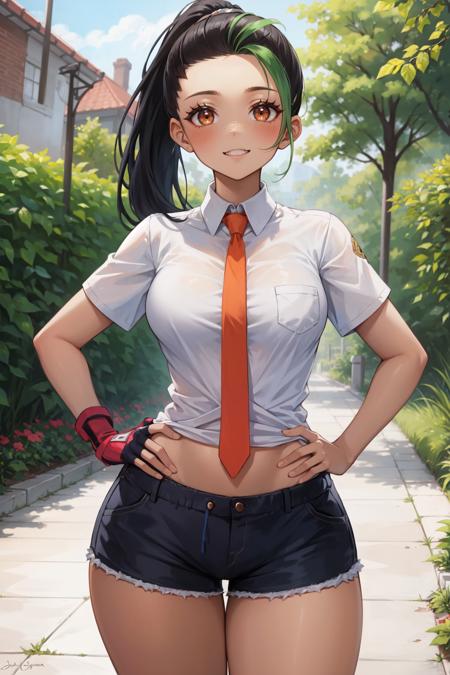 nemona, 1girl, (dark skin, dark-skinned female:1.5), ponytail, long hair, freckles, smile, shirt, hair pulled back, school uniform, necktie, gloves, collared shirt, short sleeves, white shirt, fingerless gloves, orange necktie, shorts, single glove