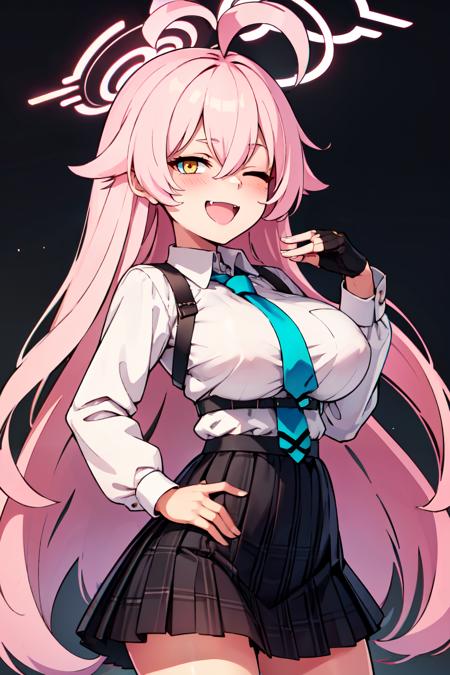 zzHoshino, pink hair, long hair, hair between eyes, blue eyes, yellow eyes, heterochromia, very long hair, pink halo, black skirt, blue necktie, collared shirt, plaid skirt, pleated skirt, white shirt, black gloves, fingerless gloves, puffy long sleeves,