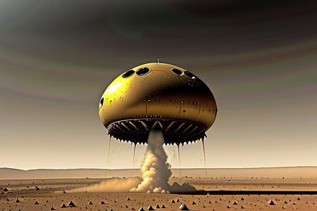 An extraterrestrial alien spacecraft lands on the surface of Mars, ((alien ship is landing in the background)),((Rocket landing engines kick up dust during the landing)), dim sunlight shines through the dust,