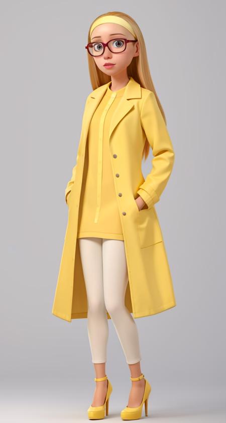 <lora:VRAMsHoneyLemon640:0.5>, 1girl, xyzhoneylemon, long hair, portrait, glasses, masterpiece, hairband, high heels, blonde hair, full body, yellow dress, yellow lab coat, white leggings