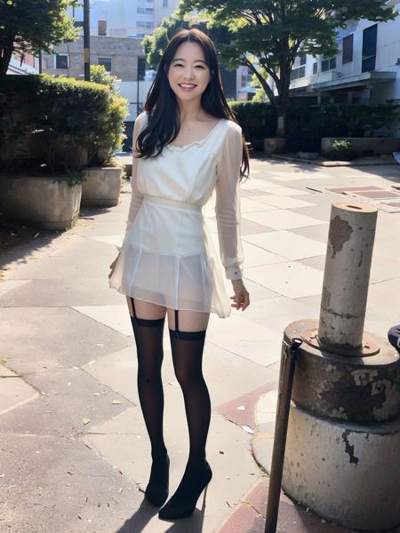 PBYoung, wearing a white dress and (black stockings:1.2), standing on a city street, smiling, detailed face, (8k, RAW photo, best quality, masterpiece:1.2), (realistic, photo-realistic:1.37), professional lighting, photon mapping, radiosity, physically-based rendering, 1girl  <lora:PBYoungtest:1>