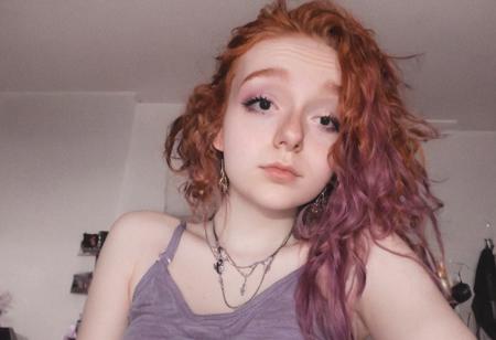 woman, egirl_pfp, makeup
<lora:egirl_pfp:1>, Molly, MJ, auburn hair, greyish violet tank top, violet spaghetti strap tank top, cleavage, polaroid photo, large boobs