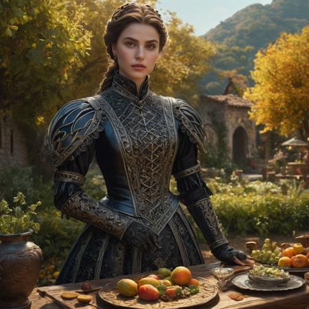 Create a medieval female character, 
standing, 
with an angular face, 
focused sharp and attractive, 
clear detailed and defined eyes and rich clean and shiny clothing, 
20K, 
3D, 
background of a country setting with an outdoor table with delicacies, 
hyper detail, 
highly detailed, 
fine detail, 
hyperrealistic, 
surrealism, 
ultra hd, 
realistic, 
vivid colors, 
perfect composition, 
beautifully detailed intricate insanely detailed octane rendering trending on artstation, 
8k art photography, 
natural volumetric cinematic, 
perfect light, 
chiaroscuro, 
award - winning photograph, 
masterpiece, 
oil on canvas, 
raphael, 
caravaggio, 
greg rutkowski, 
beeple, 
beksinski, 
giger