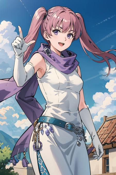 masterpiece, best quality, serra, purple eyes, long white dress, sleeveless, elbow gloves, purple scarf, belt, cowboy shot, furrowed brow, smile, open mouth, looking at viewer, pointing at viewer, sky, clouds, village <lora:serra-nvwls-v2-000010:0.9>