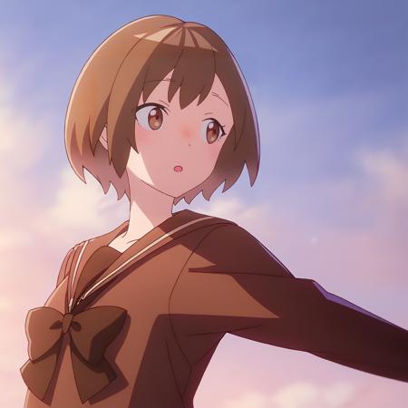 mah1ru, 1girl, solo, looking at viewer, blush, smile, short hair, brown hair, long sleeves, closed mouth, brown eyes, standing, outfit_2, brown serafuku, school uniform, upper body, medium shot,arms at sides, white background