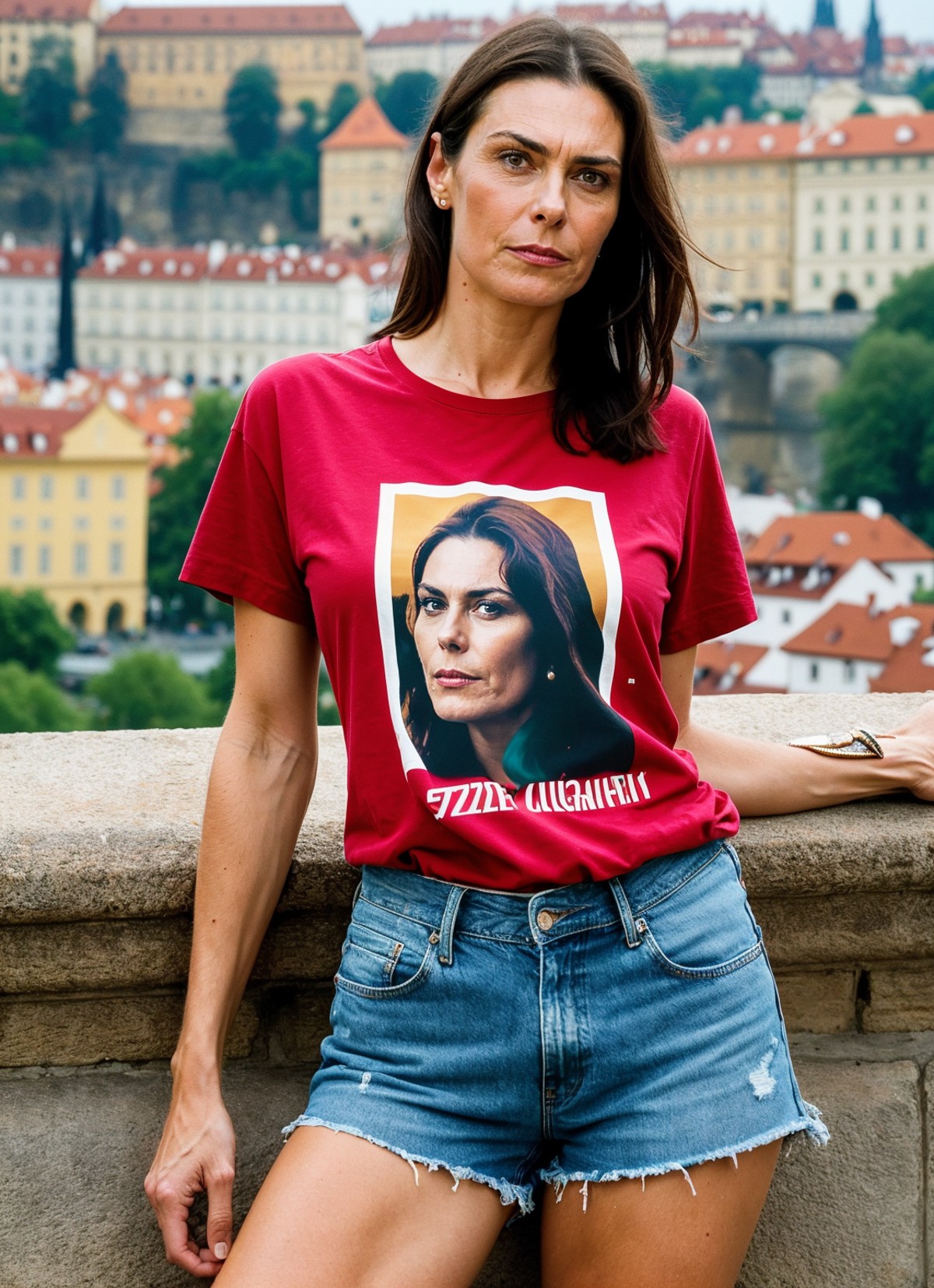 A stunning intricate full color portrait of (sks woman:1) in Prague, at the Prague Castle, wearing Graphic tee and denim s...