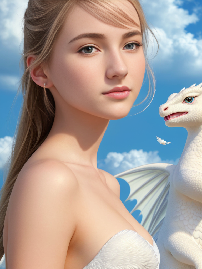 1girl, half body,  closeup portrait of a beautiful 21yo woman with (a little white dragon in her arms), surrounded by whit...