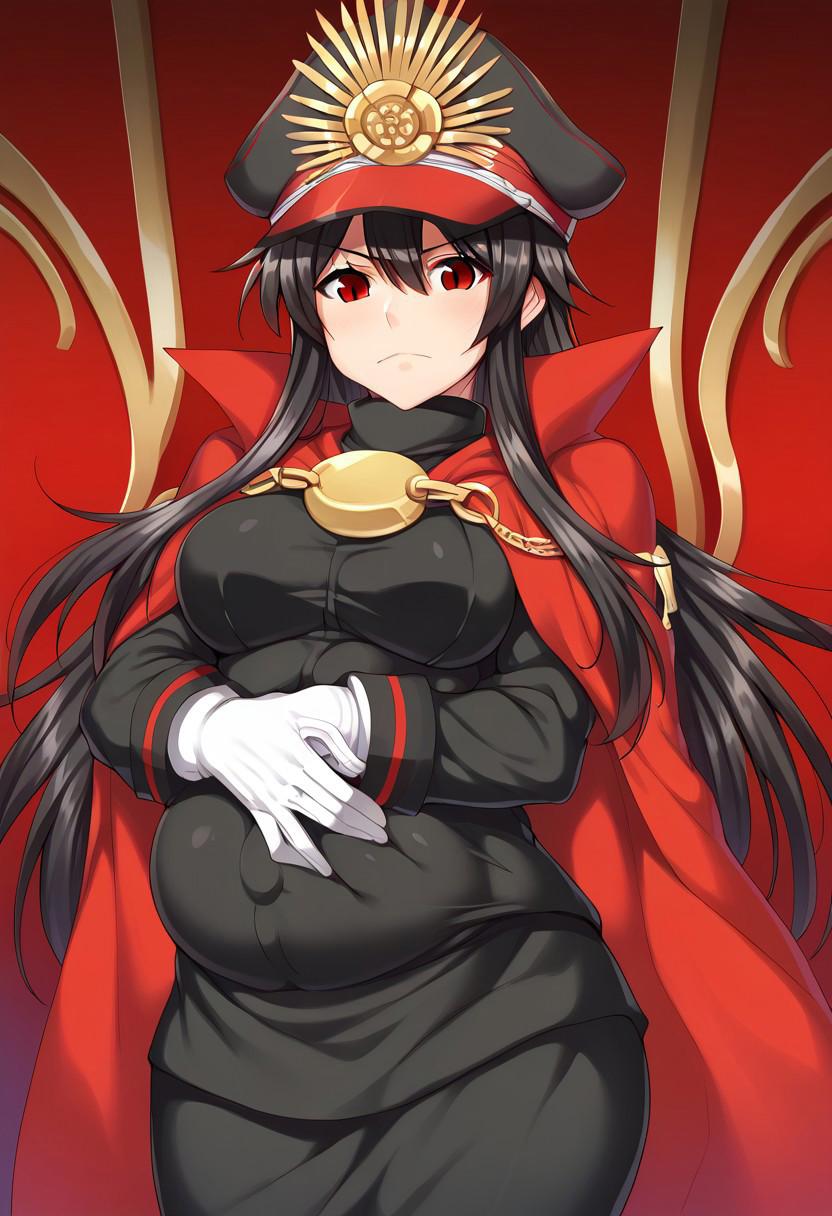 score_9, score_8_up, score_7_up, somejima_style, pregnant, 1girl, solo, masterpiece, source_anime, long hair, black hair, red eyes, peaked cap, military uniform, cape, jewelry, white gloves, covered belly, clothed belly, holding belly, standing <lora:Nobunaga:1>