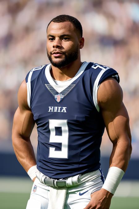 a photo of DPr35c0tt, a man, RAW, close portrait photo, (medium shot), (beard), blue and white american football clothes, stands in the background, football stadium, (high detailed skin:1.2), 8k uhd, dslr, soft lighting, high quality, film grain, Fujifilm XT3 sharp focus, f 5.6