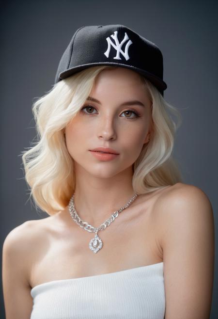 <lora:PiperPerri_SDXL_v1.0:1> 
(masterpiece, best quality, high quality, highres, ultra-detailed), (fine skin emphasis and detailed eyes)
RAW, sharp focus, upper body photo ((ohwx woman)) wearing a trendy NY Snapback hat, bare shoulders long sleeves sweater, deep smoky waves air dried, statement pendant let inherent beauty shine, lit with soft lighting against a gray backdrop, plain backdrop, portrait style, pores, beautiful skin complexion.  (shot on a medium format Fujifilm Velvia 100, 85mm lens with incredible saturation and vibrant colors:1.1)