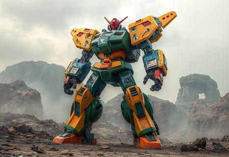 "Create a vibrant and dynamic image of the Ironhammer the Giant, a mecha standing majestically against a backdrop of the Contaminated Earth. The Ironhammer the Giant boasts a body of green and yellow, with contrasting blue and orange arms and legs, and a striking red head. Capture the mecha in motion with a well-timed snapshot of a dynamic pose, full of potential movement. The image should be 4K, with exceptional quality, lifelike details, and vivid emotions. Utilize striking colors, impeccable composition, captivating lighting, and a creative angle to bring the Ironhammer the Giant to life. High-quality scan from Artstation, 8k."
