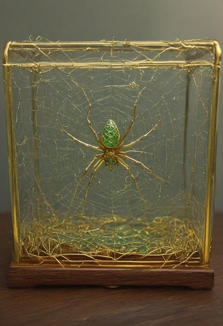 A beautiful image of an intricate metal spider contained within a glass box, box on a shiny wooden desk, lots of eyes, 8 eyes, green eyes, pearcing, spider on web, thin gold web, gold trimmings, box on a small gold stand, closeup, macro, highly detailed, high quality surreal image, colorful,  looking at viewer