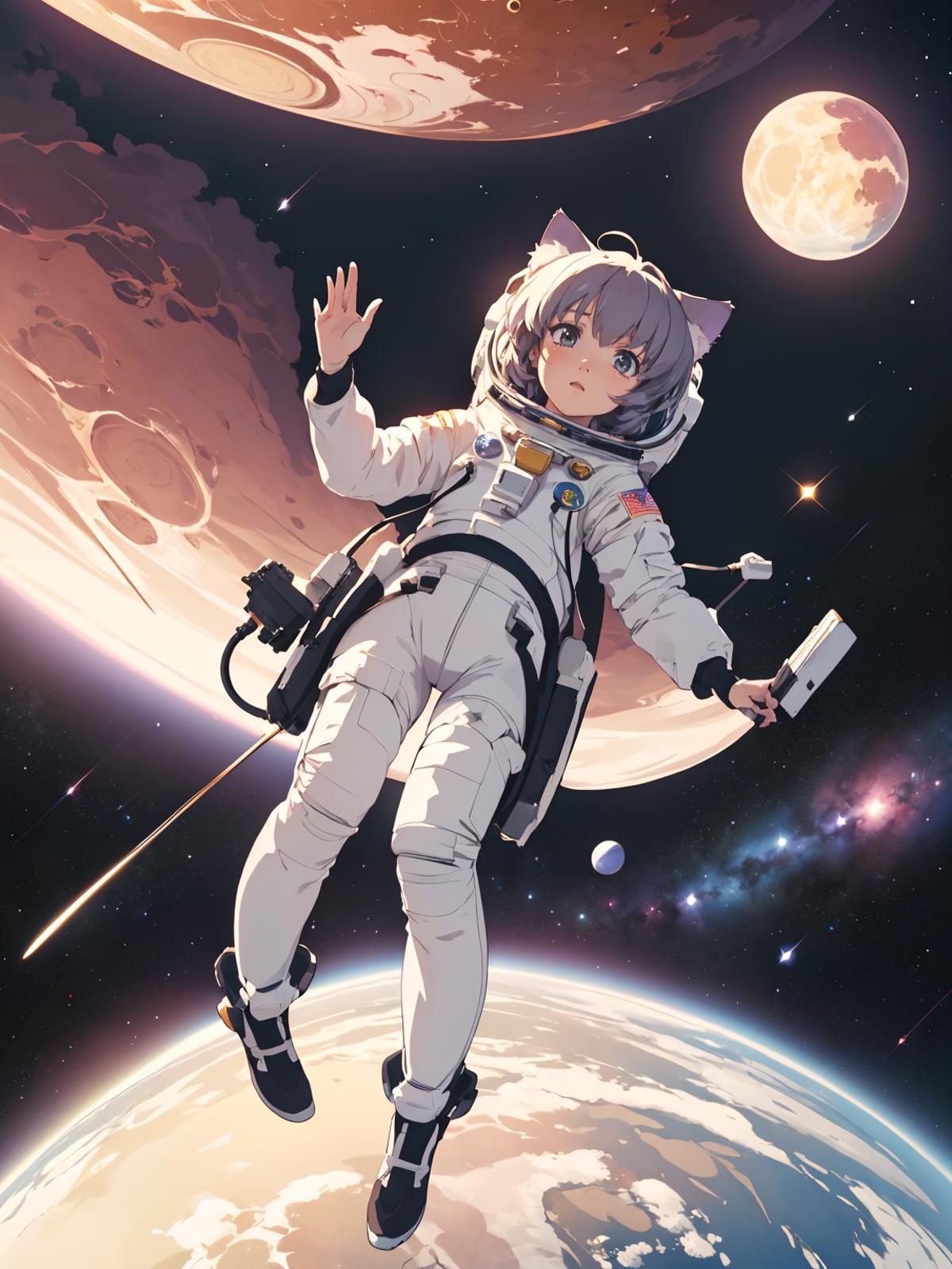 A cartoon illustration of a female astronaut in a white spacesuit floating in space.